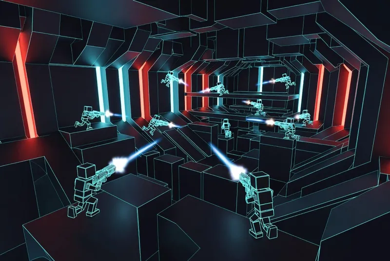 Concept art of two players firing across a neon-lit sci-fi corridor