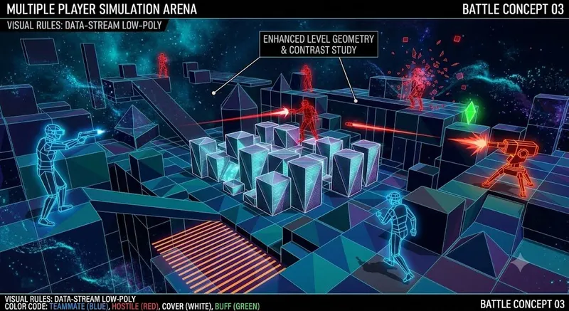 Concept art of a low-poly arena with blue and red wireframe players among white blocks