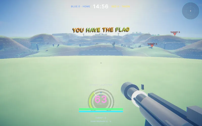 First-person view of a pilot carrying the enemy flag across rolling green hills, with "You have the flag" on screen