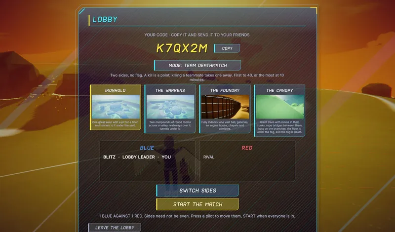 The match lobby with a join code, two team lists, and the map choices