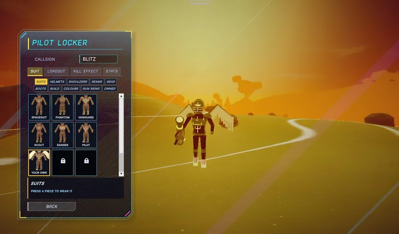 The pilot locker, showing a pilot in a jetpack and a grid of suit options