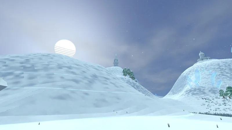 A snowy valley with two peaks and a low sun