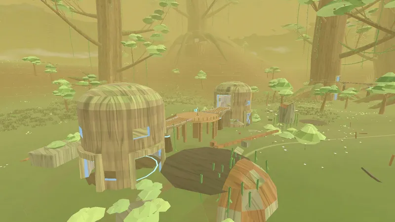 Wooden huts and walkways among giant trees in a golden forest